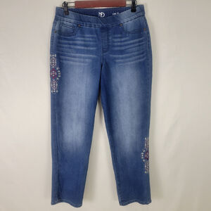 New Directions Jeans Womens 8 Blue Mid Rise Embroidered Girlfriend Pull On Denim